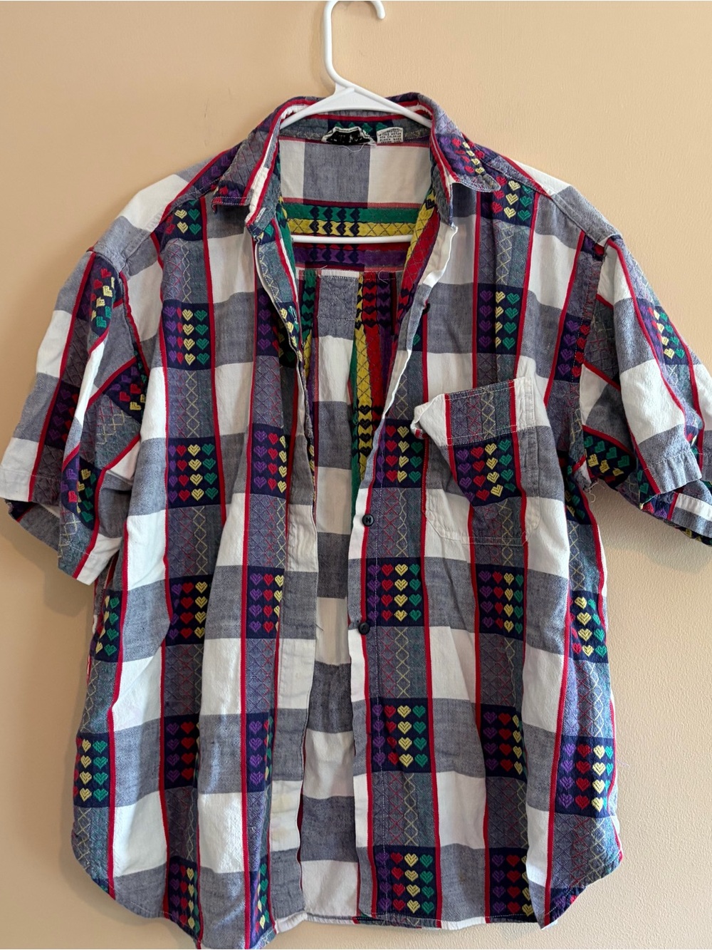 Vintage  Multicolor Check Short-Sleeve Button-Up Shirt rainbow heart top